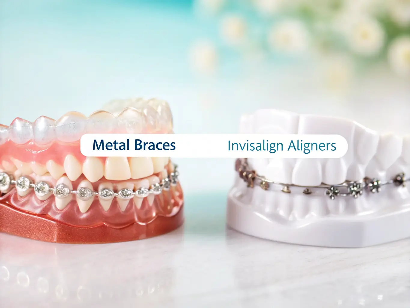 A side-by-side comparison of traditional braces and Invisalign aligners, showcasing the discreet nature of Invisalign treatment at LetsDentalSmile.